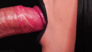 CLOSE UP: BEST BLACK LIPSTICK BLOWJOB from SEXY BRUNETTE! Magic DICK Sucking TECHNIQUE!