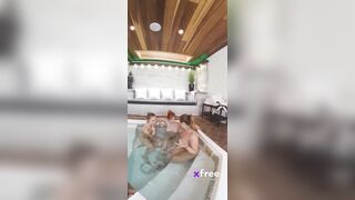 Three curvaceous MILFs, flaunting their big tits, getting all wet and wild in a jacuzzi, prepping for a memorable fucking session. Get ready to see some trimmed pussies getting major action. I've heard they moonlight as cowgirls... Size does matter after 